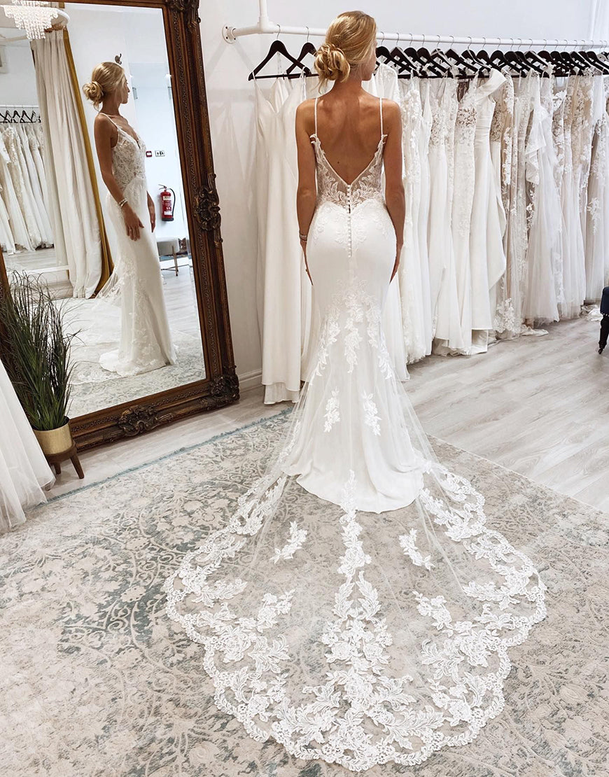 Luolandi Mermaid Lace Spaghetti Straps Backless Wedding Dress V-neck Open Back