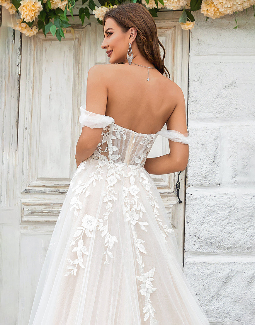 Luolandi Beauty A Line Off the Shoulder Champagne Tulle Detachable Wedding Dress with Lace With Slit