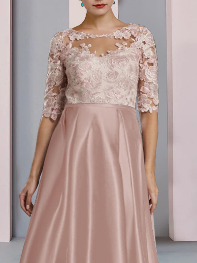 Luolandi Sheath / Column Mother of the Bride Dress Wedding Guest Party Elegant Scoop Neck Asymmetrical Satin Lace Half Sleeve