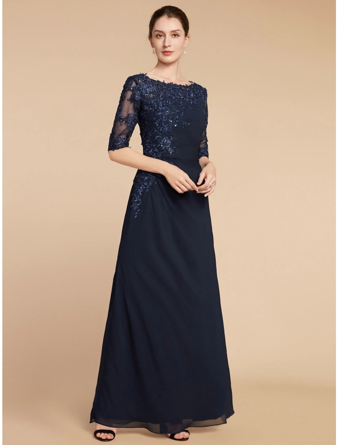 Luolandi Sheath / Column Mother of the Bride Dress Wedding Guest Elegant Scoop Neck Ankle Length Chiffon Lace Half Sleeve with Sequin Ruching