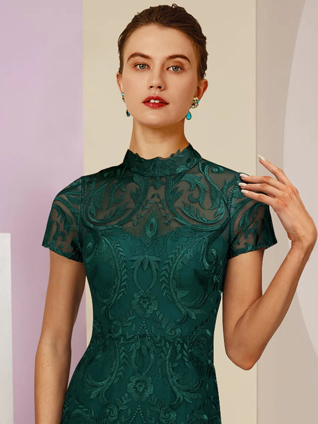 Luolandi Sheath / Column Mother of the Bride Dress Wedding Guest Elegant High Neck Tea Length Lace Short Sleeve