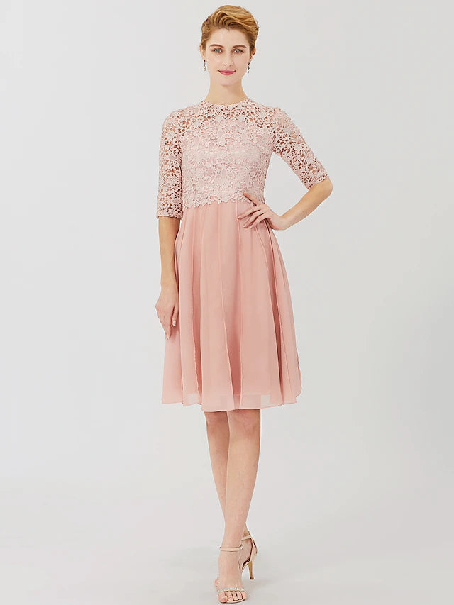 Luolandi Ball Gown Mother of the Bride Dress Formal Classic & Timeless Elegant & Luxurious Convertible Dress Illusion Neck Knee Length Chiffon Floral Lace 3/4 Length Sleeve