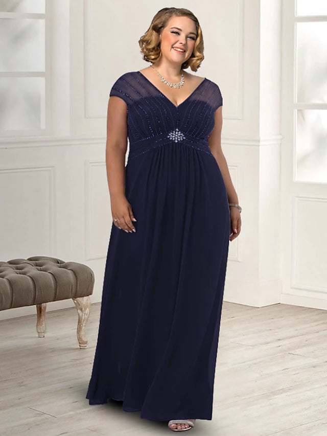 Luolandi Sheath / Column Mother of the Bride Dress Plus Size Elegant V Neck Floor Length Chiffon Sleeveless with Beading