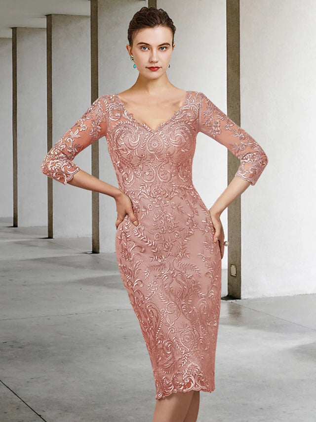 Luolandi Sheath / Column Mother of the Bride Dress Elegant V Neck Knee Length Chiffon Lace Half Sleeve