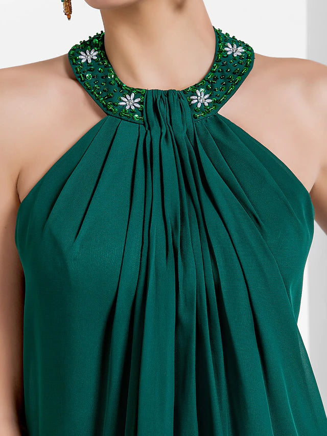 Luolandi A-Line Elegant Dress Wedding Guest Asymmetrical Sleeveless Halter Chiffon Backless with Pleats