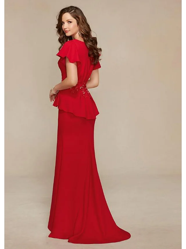 Luolandi Mother of the Bride Dress Elegant & Luxurious Plunging Neck Jersey Short Sleeve with Beading Embroidery