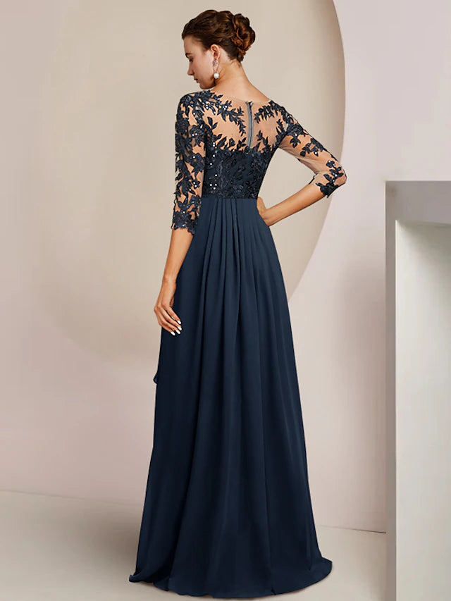 Luolandi A-Line Mother of the Bride Dress Wedding Guest Elegant High Low V Neck Ankle Length Chiffon Lace 3/4 Length Sleeve with Sequin