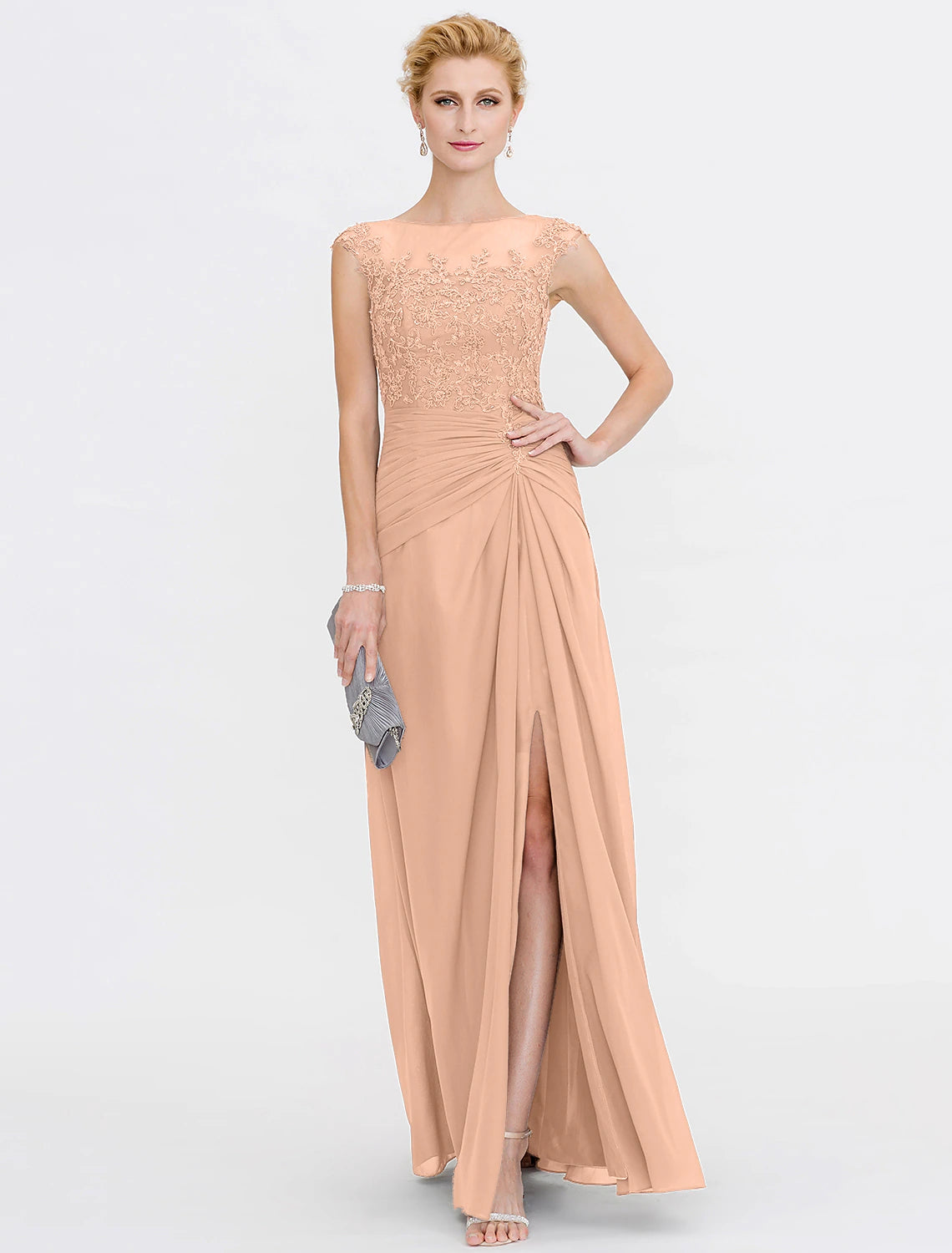 Luolandi A-Line Mother of the Bride Dress Elegant See Through Bateau Neck Floor Length Chiffon Lace Sleeveless