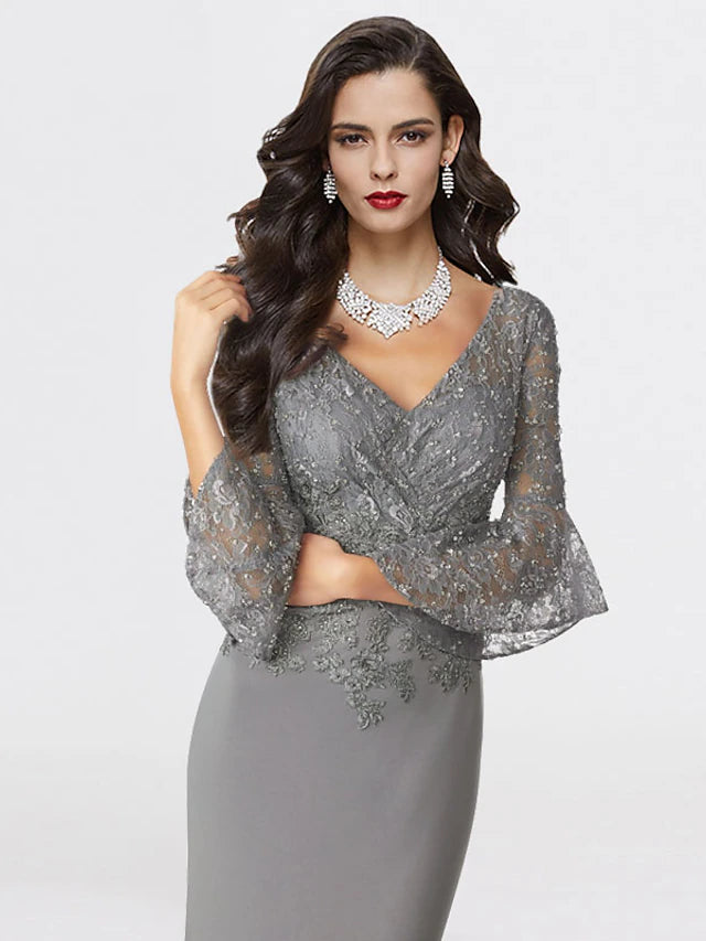 Luolandi Mermaid / Trumpet Mother of the Bride Dress Plus Size Elegant V Neck Sweep / Brush Train Chiffon Lace 3/4 Length Sleeve