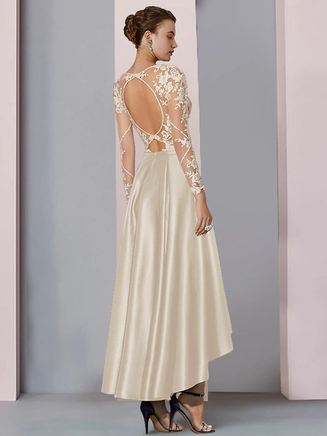 Luolandi A-Line Mother of the Bride Dress Wedding Guest Elegant High Low Scoop Neck Asymmetrical Tea Length Satin Lace Long Sleeve