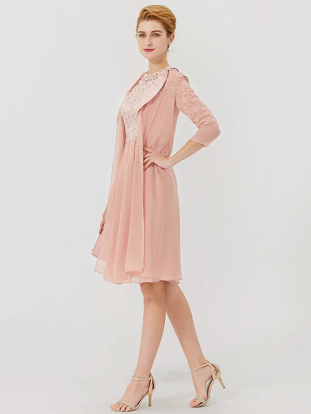 Luolandi Ball Gown Mother of the Bride Dress Formal Classic & Timeless Elegant & Luxurious Convertible Dress Illusion Neck Knee Length Chiffon Floral Lace 3/4 Length Sleeve