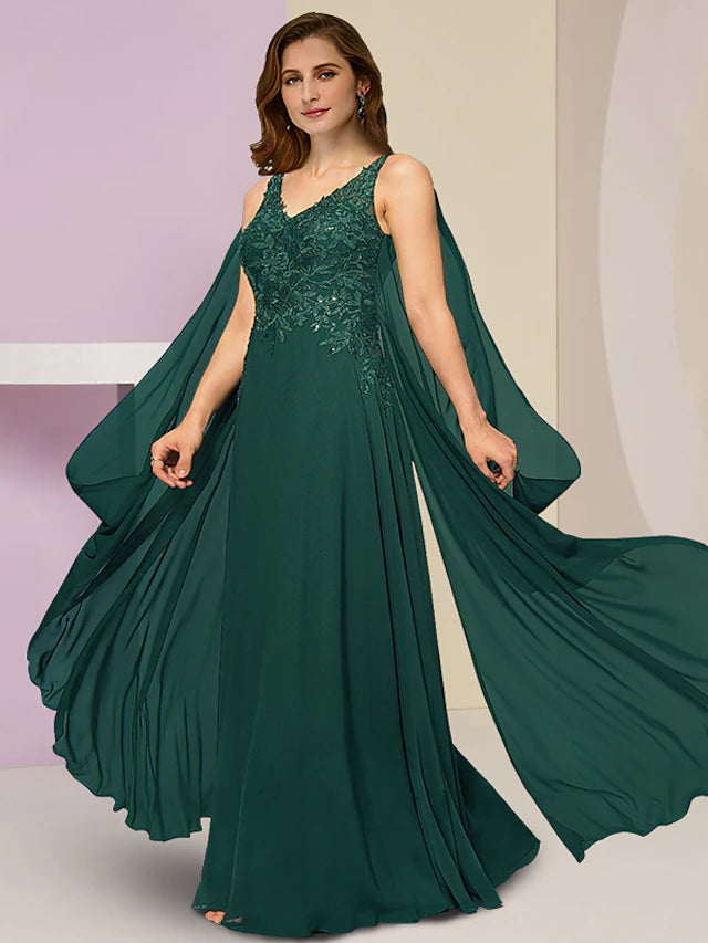 Luolandi Plus Size Curve Mother of the Bride Dress Wedding Guest Vintage Party V Neck Floor Length Chiffon Lace Sleeveless with Pleats