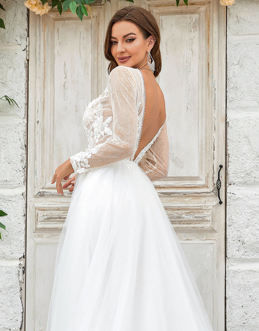 Luolandi Deep V-Neck Ivory Tulle Sweep Train Wedding Dress with Lace Open Back Sexy