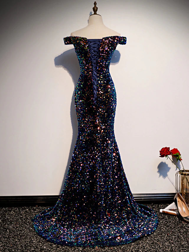 Luolandi Mermaid / Trumpet Mother of the Bride Dress Wedding Guest Elegant Sparkle & Shine Off Shoulder Sweep / Brush Train Sequined Cap Sleeve