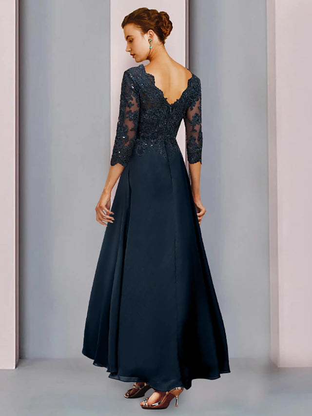 Luolandi Sheath / Column Mother of the Bride Dress Wedding Guest Vintage Sparkle & Shine V Neck Asymmetrical Chiffon Lace 3/4 Length Sleeve with Pleats