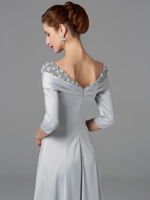 Luolandi A-Line Mother of the Bride Dress Sparkle & Shine High Low Off Shoulder Asymmetrical Satin Half-Sleeve with Lace