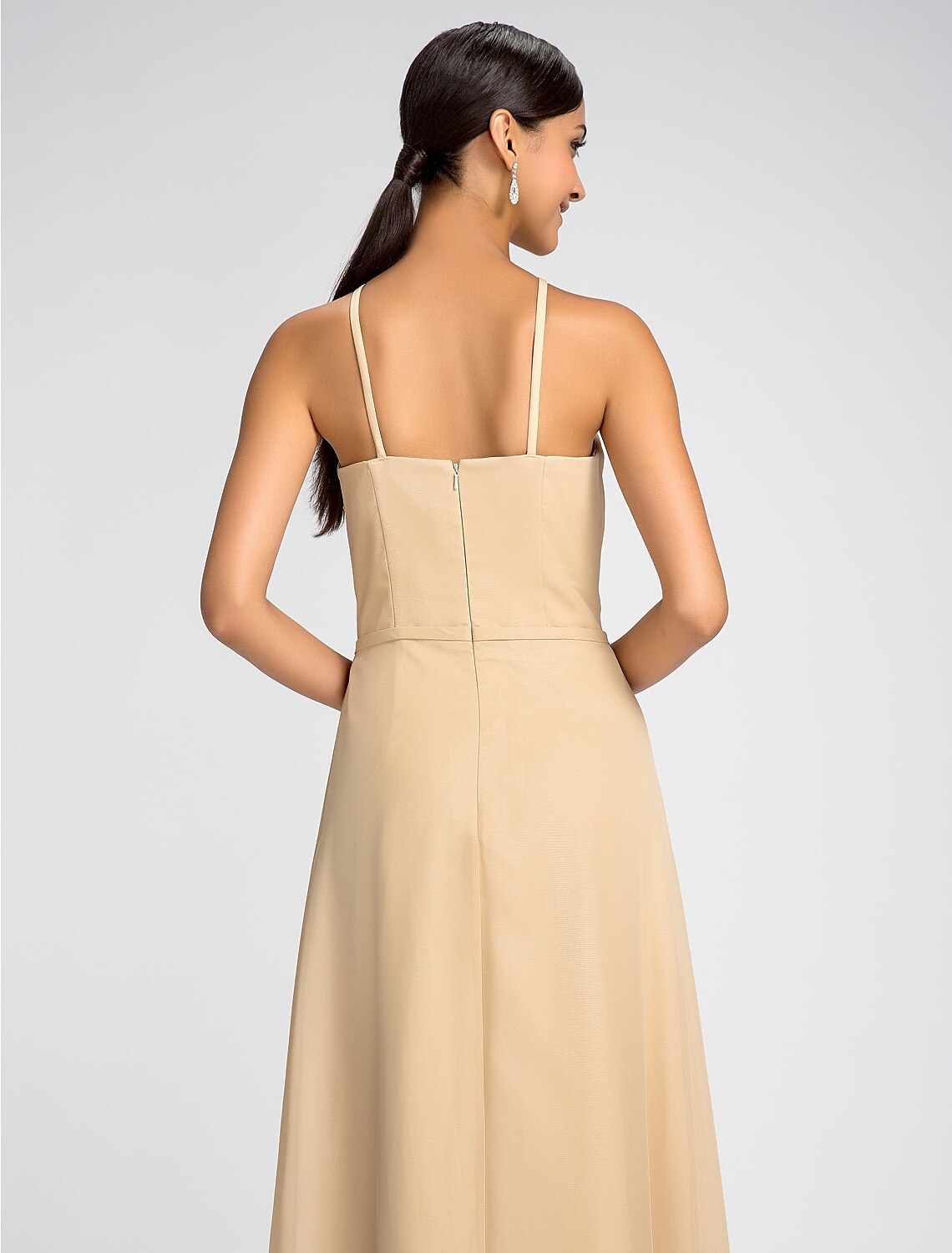 Luolandi Sheath High Neck Floor Length Chiffon Bridesmaid Dress with Draping