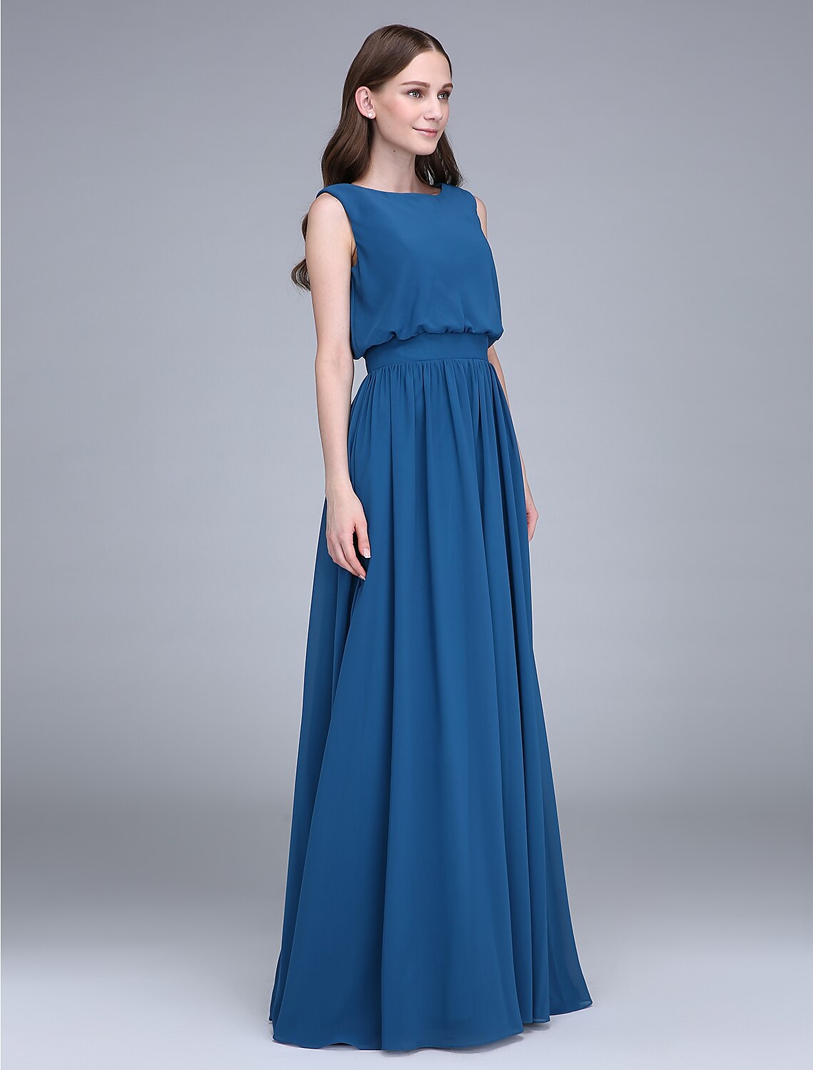 Luolandi Sheath / Column Bridesmaid Dress Jewel Neck Sleeveless Floor Length Chiffon with Sash