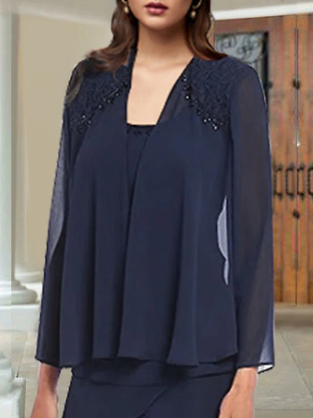 Luolandi Two Piece Sheath / Column Mother of the Bride Dress Elegant Scoop Neck Knee Length Chiffon Lace Sleeveless Wrap Included with Beading