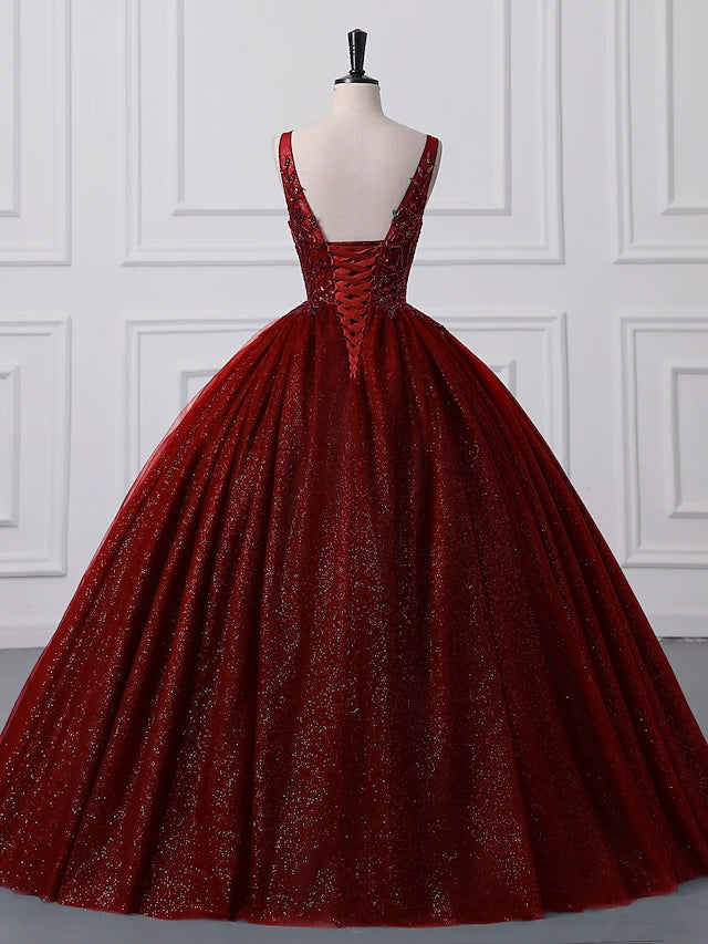 Luolandi Ball Gown Prom Dresses Sparkle &amp; Shine Dress Quinceanera Floor Length Sleeveless V Neck Tulle with Appliques