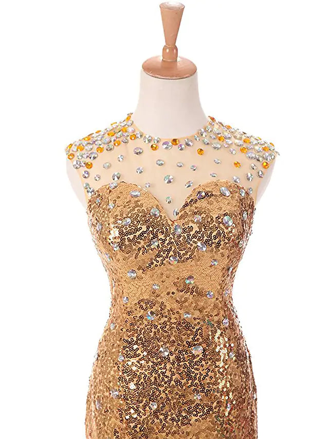 Luolandi Mermaid / Trumpet Prom Dresses Sparkle Dress Prom Court Train Sleeveless Jewel Neck Sequined