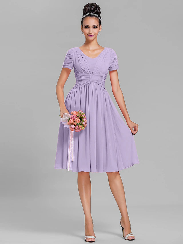 Luolandi Sheath / Column Bridesmaid Dress V Neck Short Sleeve Vintage Inspired Knee Length Chiffon with Ruched
