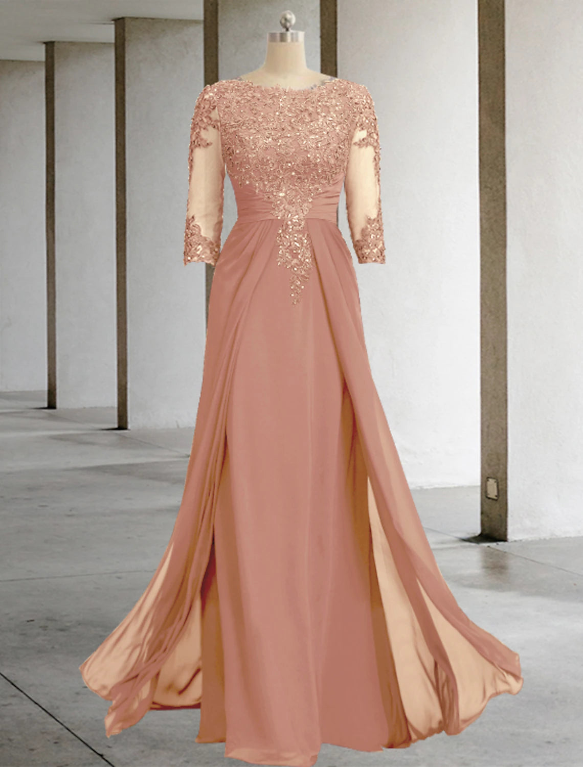 Luolandi Sheath / Column Mother of the Bride Dress Formal Fall Wedding Guest Elegant Sequin Scoop Neck Floor Length Chiffon Lace 3/4 Sleeve with Appliques Sparkle