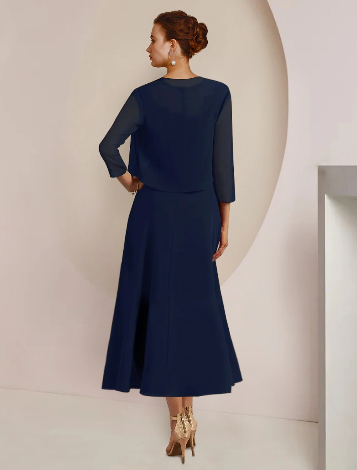 Luolandi Two Piece A-Line Mother of the Bride Dress Formal Wedding Guest Elegant Scoop Neck Tea Length Chiffon Lace 3/4 Length Sleeve Jacket Dresses with Sash