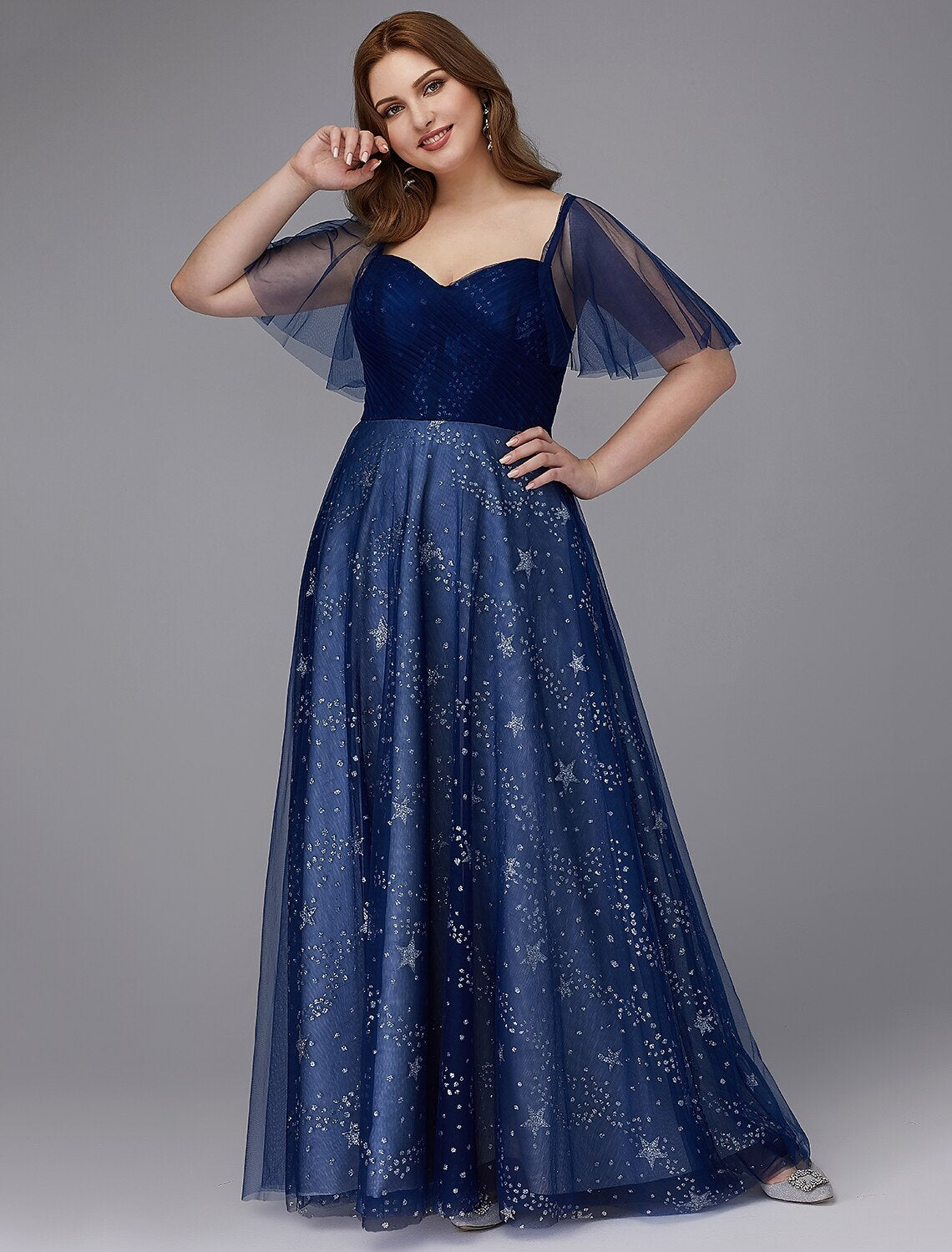 Luolandi A-Line Plus Size Dress Wedding Guest Prom Floor Length Short Sleeve Sweetheart Tulle Lace-up with Beading Pattern