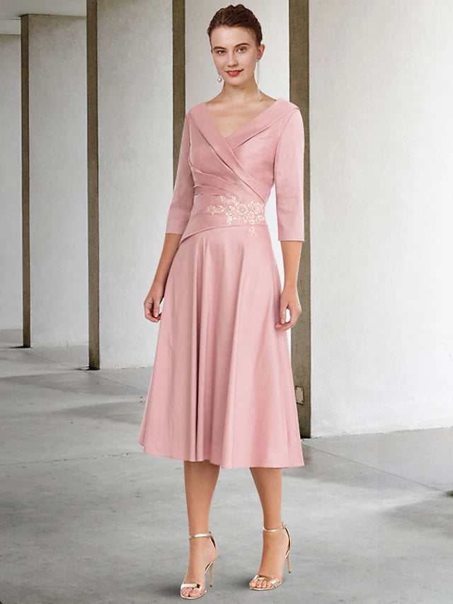 Luolandi A-Line Mother of the Bride Dress Vintage Elegant V Neck Tea Length Satin Lace Half Sleeve with Appliques