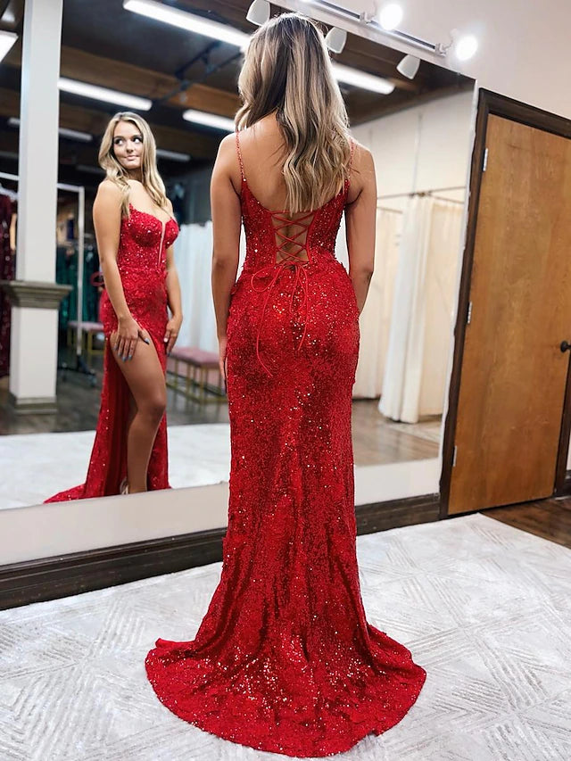Luolandi Mermaid / Trumpet Prom Dresses Sparkle & Shine Dress Formal Sweep / Brush Train Sleeveless Spaghetti Strap Sequined Backless