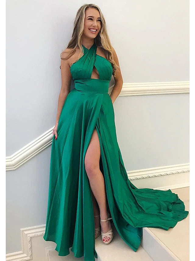 Luolandi A-Line Prom Dresses Sexy Formal Court Train Sleeveless Backless Elegant Evening Party Dress With Slit