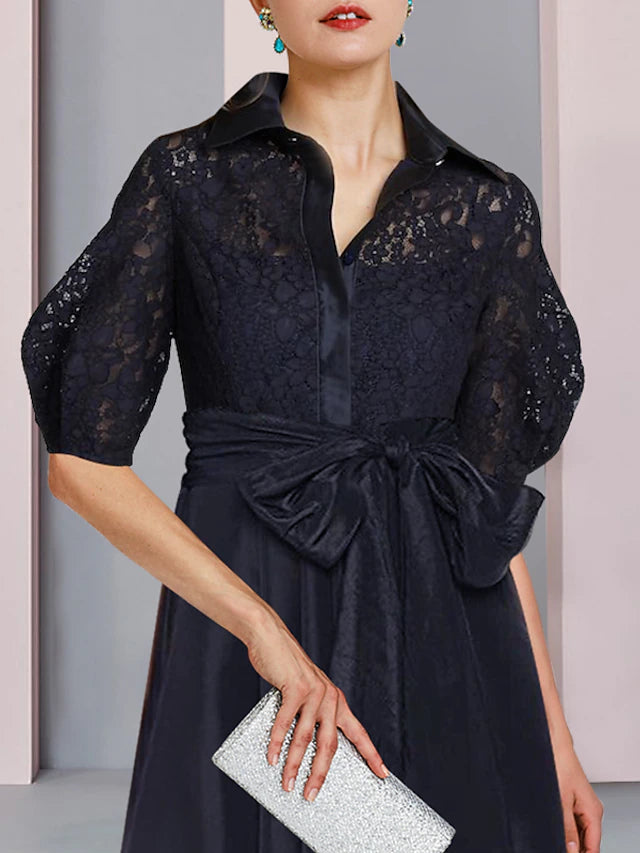 Luolandi A-Line Mother of the Bride Dress Formal Wedding Guest Elegant High Low Shirt Collar Asymmetrical Tea Length Taffeta Short Sleeve with Bow(s)