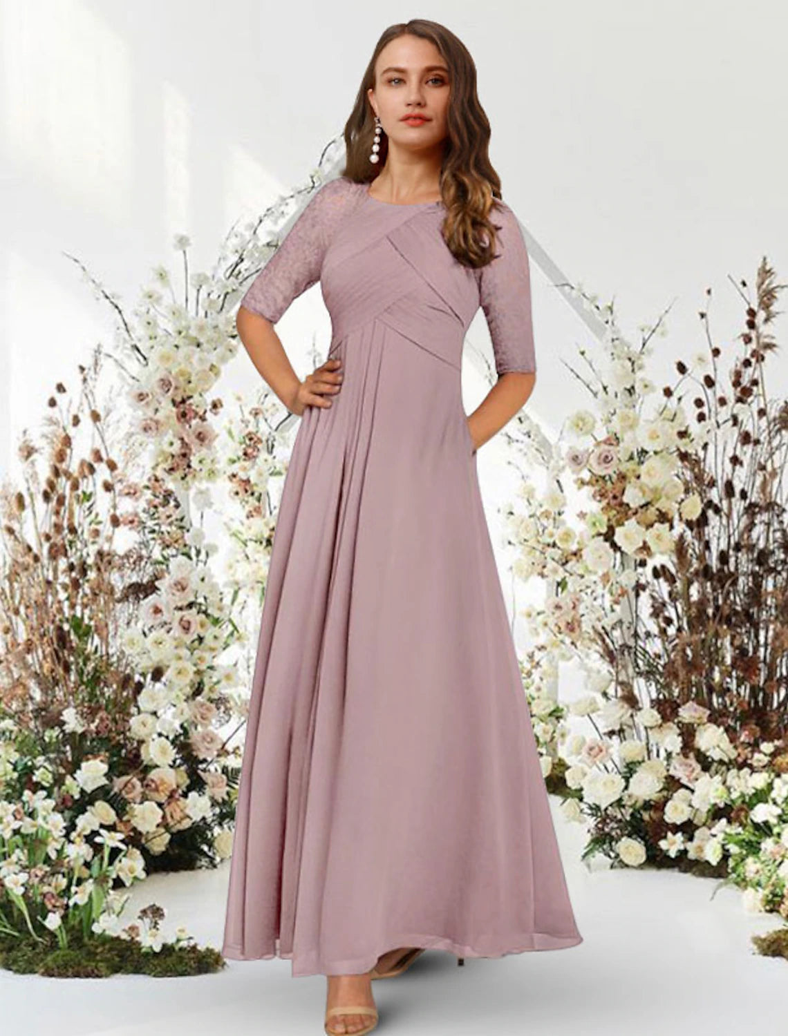 Luolandi A-Line Evening Gown Elegant Dress Wedding Guest Formal Evening Floor Length Half Sleeve Jewel Neck Chiffon