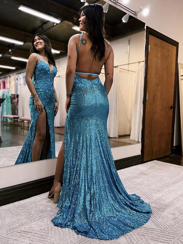 Luolandi Mermaid / Trumpet Prom Dresses Sparkle & Shine Dress Formal Sweep / Brush Train Sleeveless V Neck Sequined Backless with Sequin