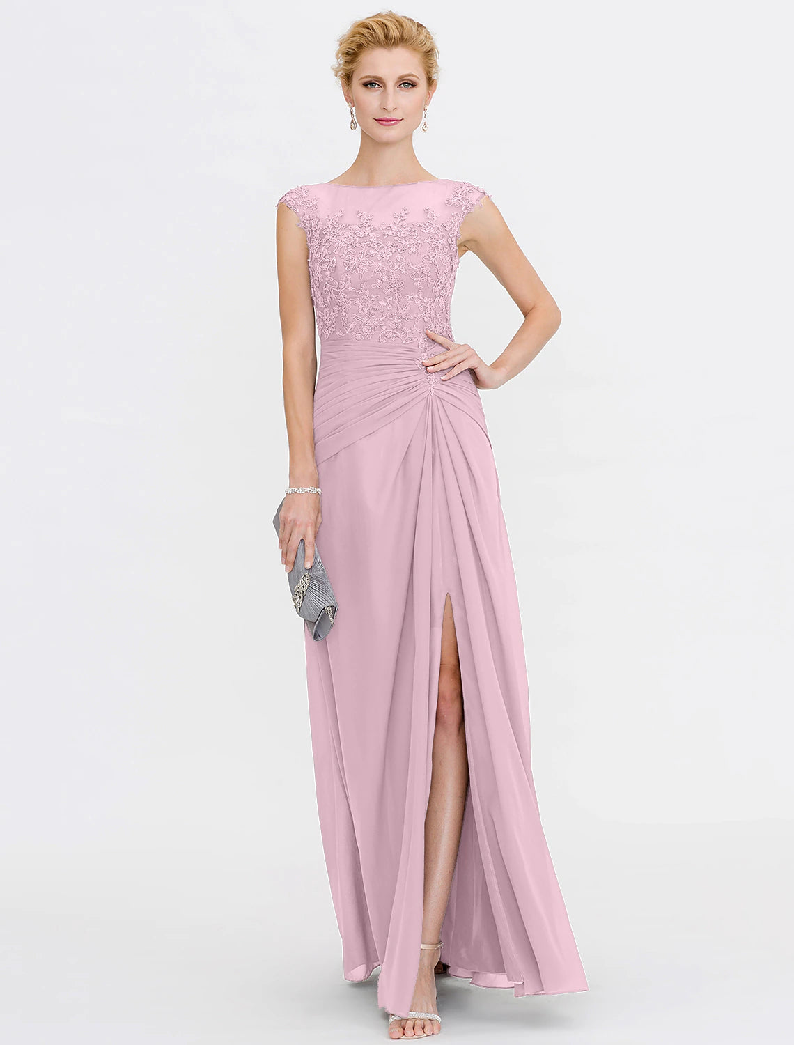 A-Line Mother of the Bride Dress Elegant See Through Bateau Neck Floor Length Chiffon Lace Sleeveless