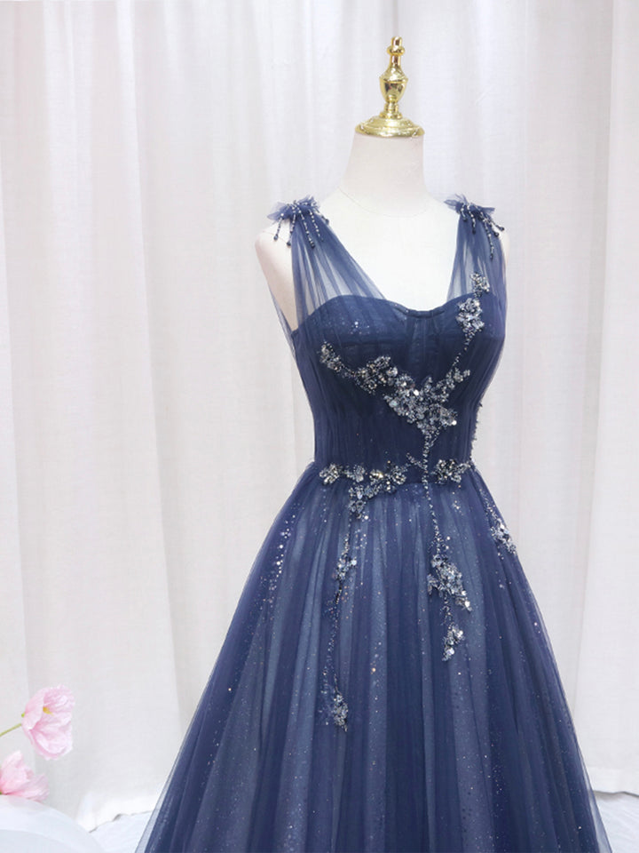 Luolandi Blue Tulle Beaded Long Prom Dress Evening Party Dress Sparkly