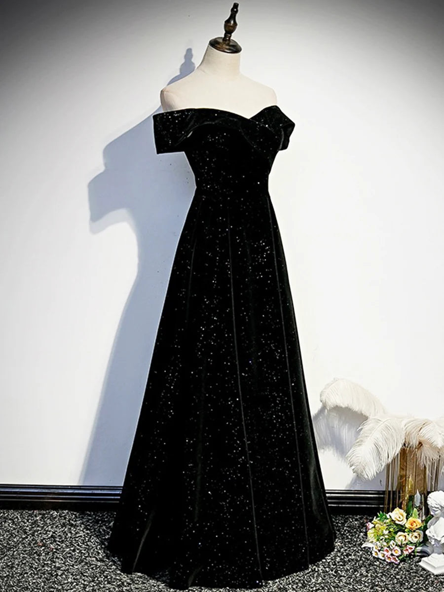 Luolandi Black Velvet Long Prom Dress Black Off the Shoulder Evening Party Dress Sexy