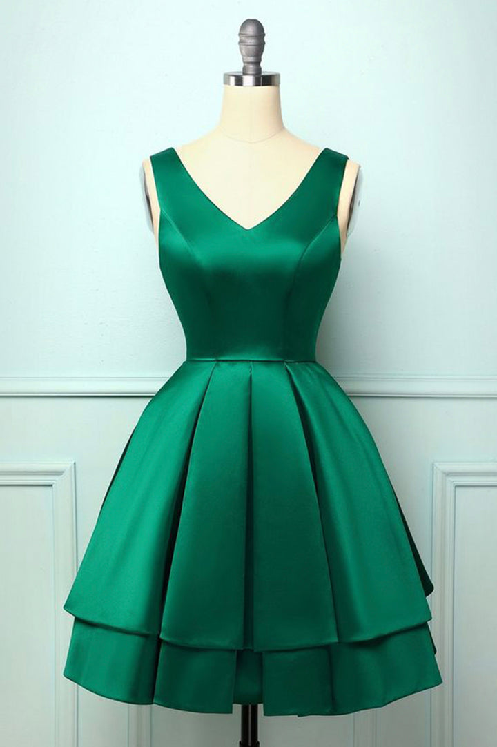 Luolandi Green Satin Short Prom Dresses A-Line Homecoming Dresses V-neck