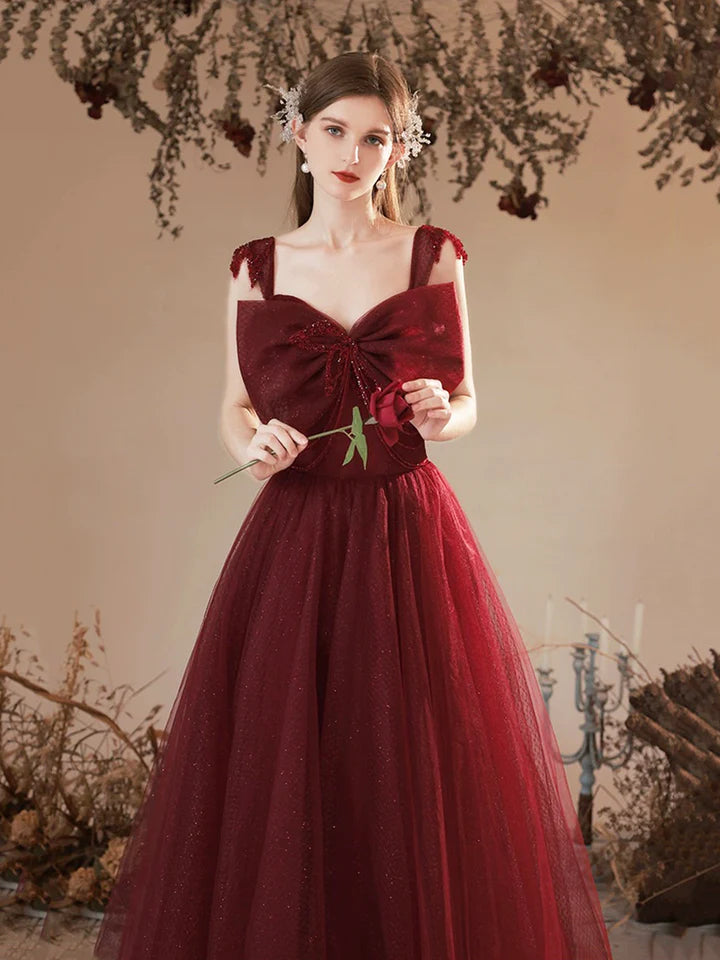 Luolandi Burgundy Tulle Long Prom Dress Lovely A-Line Evening Party Dress with Bow Floor Length