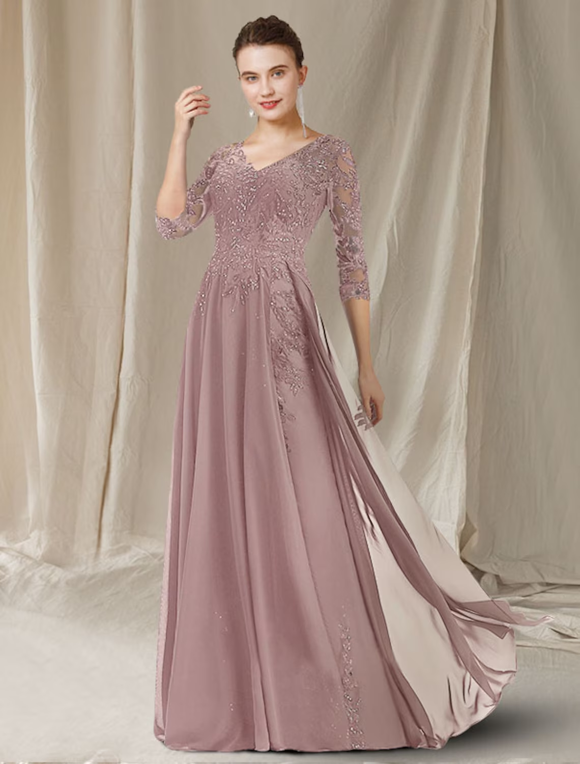 Luolandi A-Line Mother of the Bride Dress Elegant V Neck Floor Length Chiffon Lace Sequined Half Sleeve
