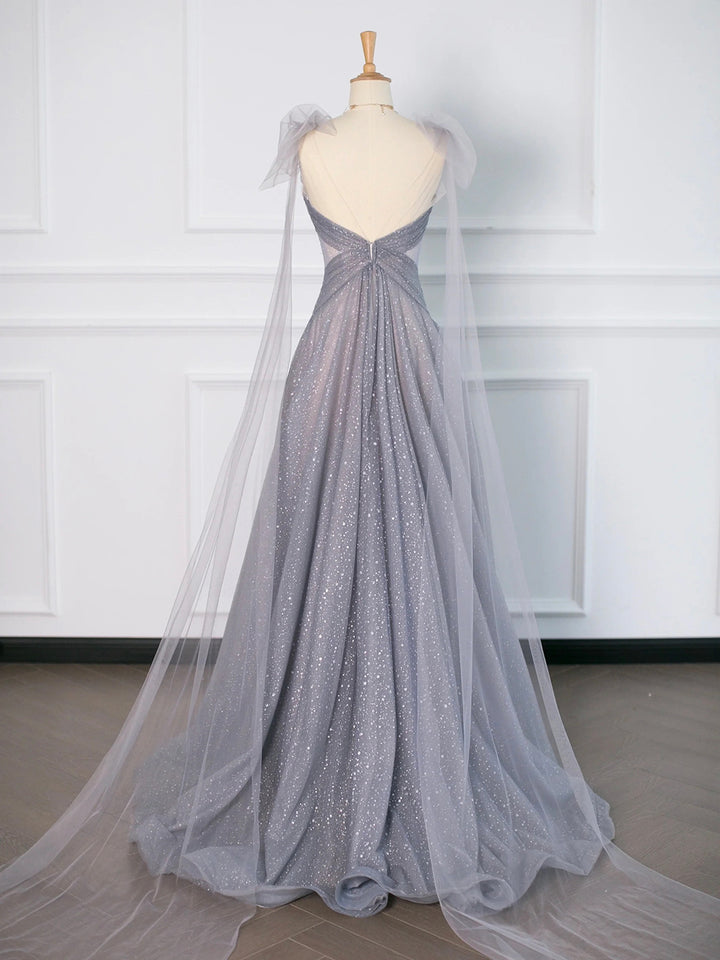 Luolandi Gray Tulle V-Neck Floor Length Prom Dress A-Line Backless Evening Party Dress Sparkly