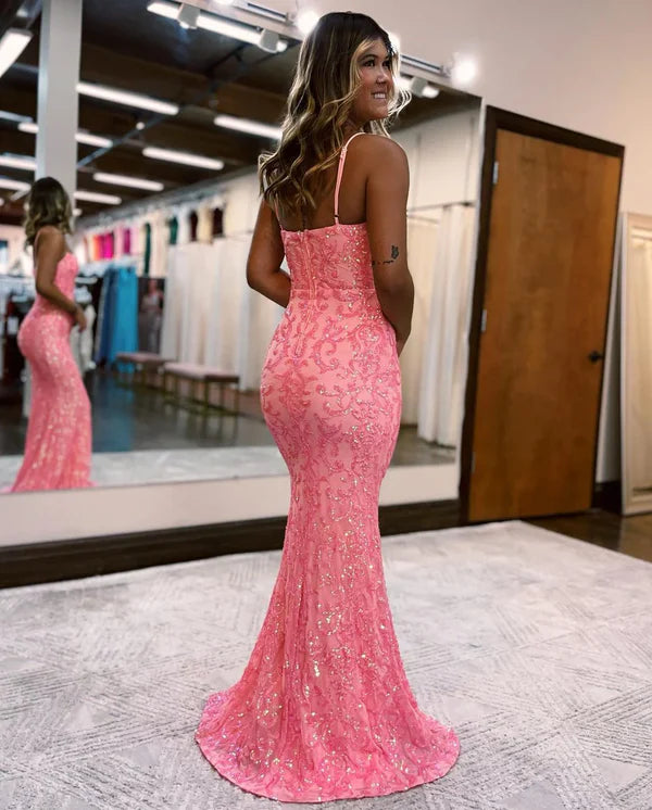 Luolandi Charming Mermaid Straps Coral Sequins Lace Long Prom Dresses Sparkly Evening Dress