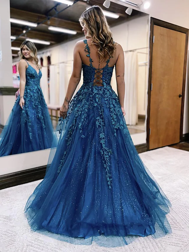 Luolandi Ball Gown A-Line Prom Dresses Sparkle & Shine Dress Formal Floor Length Sleeveless V Neck Tulle Backless
