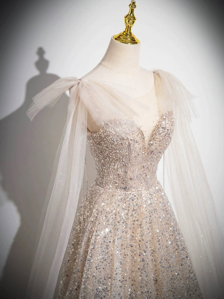 Luolandi Champagne Tulle Sequins Long Prom Dress Sparkling A-Line Evening Party Dress Sexy