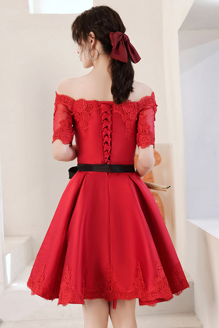 Luolandi Red Satin Lace Short Prom Dresses A-Line Evening Party Dresses Cocktail Dresses