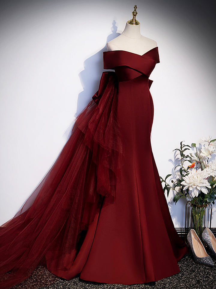 Luolandi Burgundy V-Neck Satin Long Prom Dress Mermaid Off Shoulder Evening Dress with Bow Beautiful