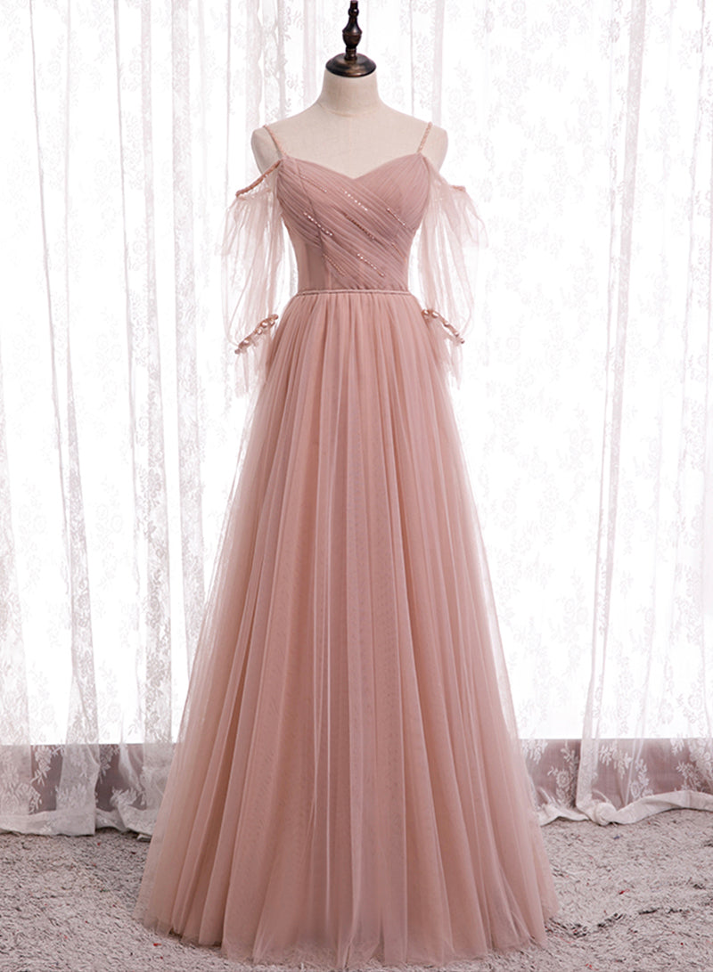 Luolandi Pink Tulle Long Prom Dresses A-Line Evening Party Dresses Elegant Bridesmaid Dresses