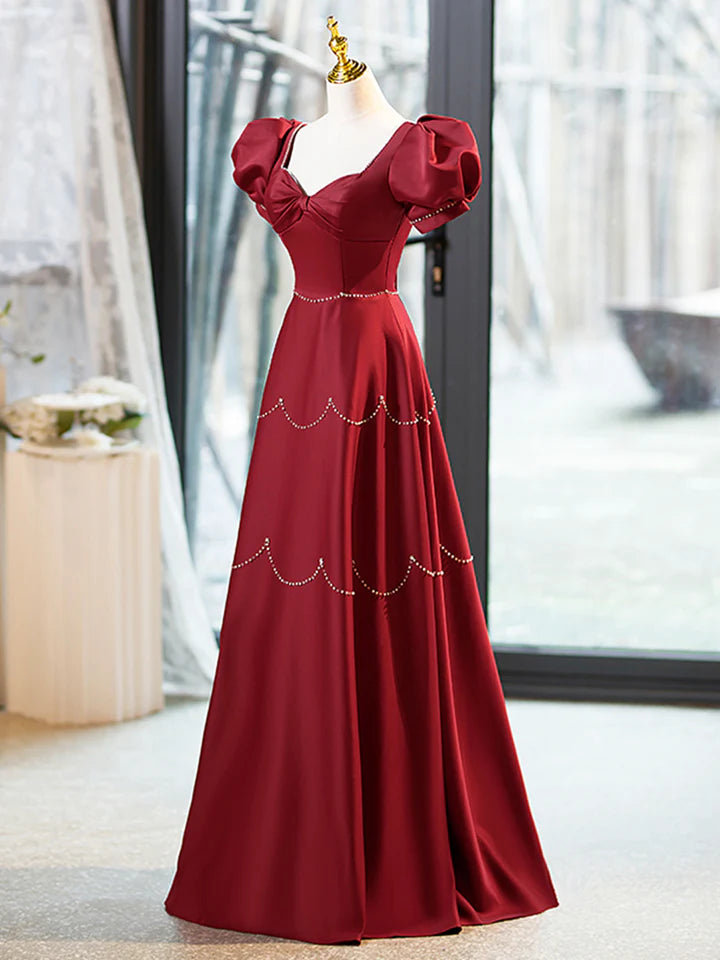 Luolandi Elegant Burgundy Satin Long Prom Dress with Beaded Burgundy Short Sleeve Evening Dress Floor Length