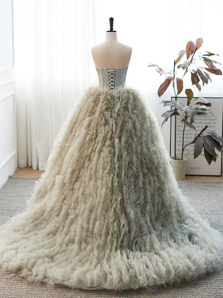 Luolandi Gray Strapless Tulle Long Prom Dress Beautiful A-Line Sweetheart Neck Formal Evening Dress Off Shoulder